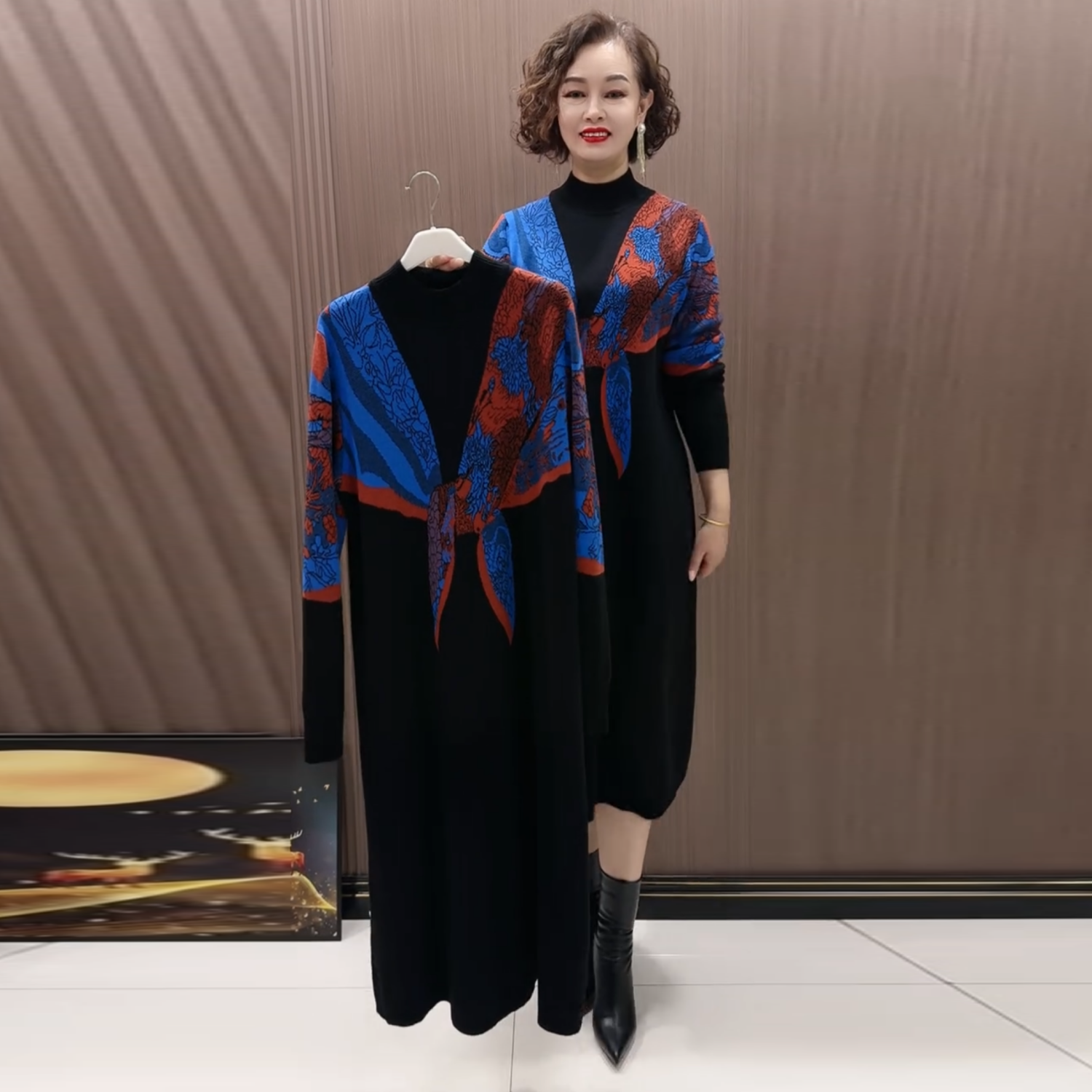 高贵气质妈妈针织弹力连衣裙秋冬减龄宽松显瘦套头大码休闲毛衣裙