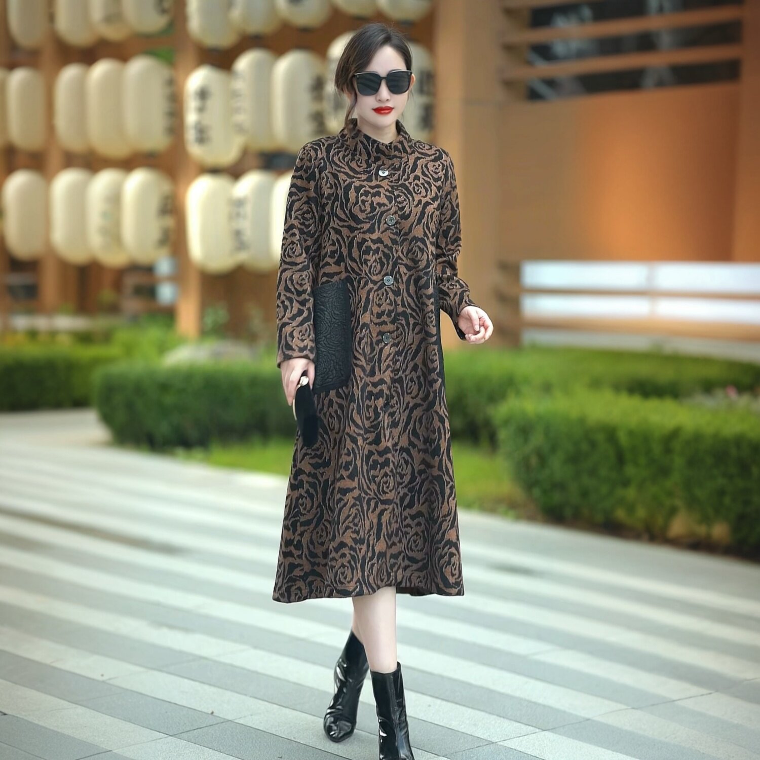 高端贵夫人风衣冬季新款加绒保暖加厚提花长款显瘦气质大衣外套女