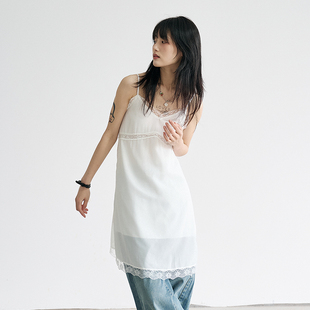 夏季 凉快透气显瘦V领吊带蕾丝花边纯色天丝遮副乳叠穿连衣裙 薄款