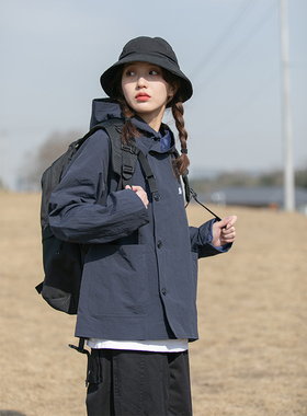 日系复古魔术师外套男女情侣款中性bf风宽松连帽纯色单排扣夹克潮