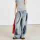 女宽松显瘦设计感阔腿微喇拖地裤 美式 复古泼墨破洞弯刀牛仔裤 子潮