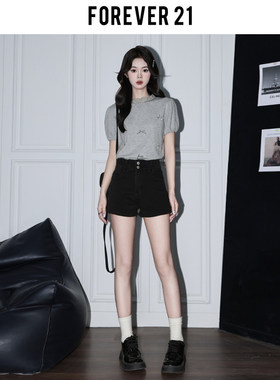 Forever21美式辣妹黑色高腰牛仔短裤女春设计感A字梨形包臀热裤子