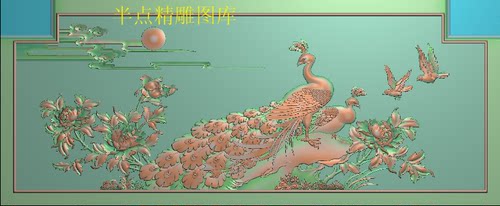 檀雕孔雀精雕图牡丹凤凰背板精品花鸟太阳木雕图孔雀靠背浮雕图