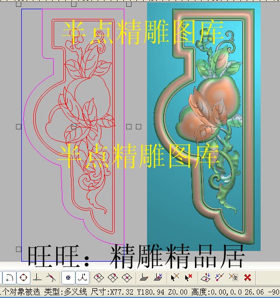 边柱桃子精雕图仙桃角花新款夹花寿桃灰度雕刻图边耳桃子浮雕图