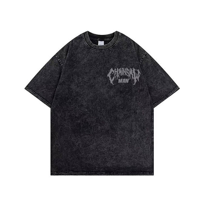电锯人水洗做旧印花男士短袖T恤