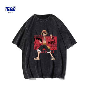 ONEPIECE海贼王T恤动漫同款路飞索隆水洗做旧男短袖复古上衣周边