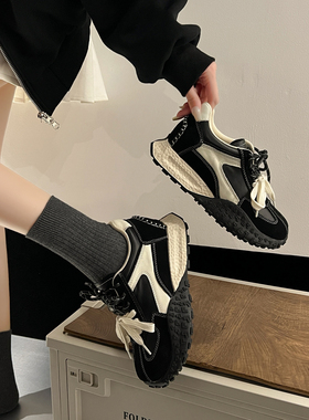 真皮厚底7CM内增高德训鞋女2026春季新款黑色阿甘鞋运动休闲鞋子