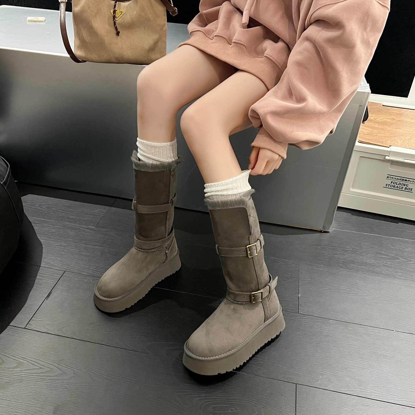 灰色厚底毛毛加绒加厚中长筒雪地靴女2025新款翻边两穿高筒棉鞋冬