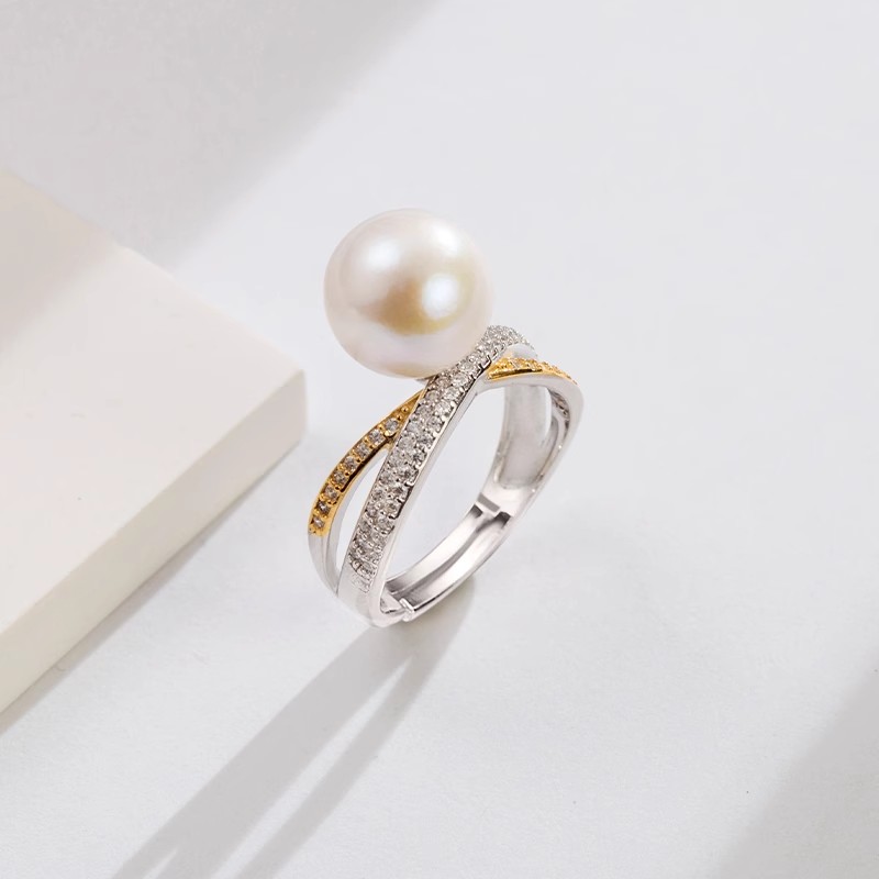 红桥珍珠 淡水有核爱迪生缎结誓言珍珠戒指S925