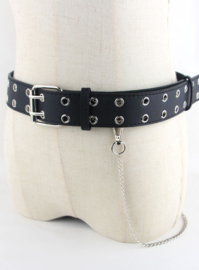 包邮双排孔皮带女配牛仔裤百搭腰带凹造型黑色链条针扣装饰裤带潮