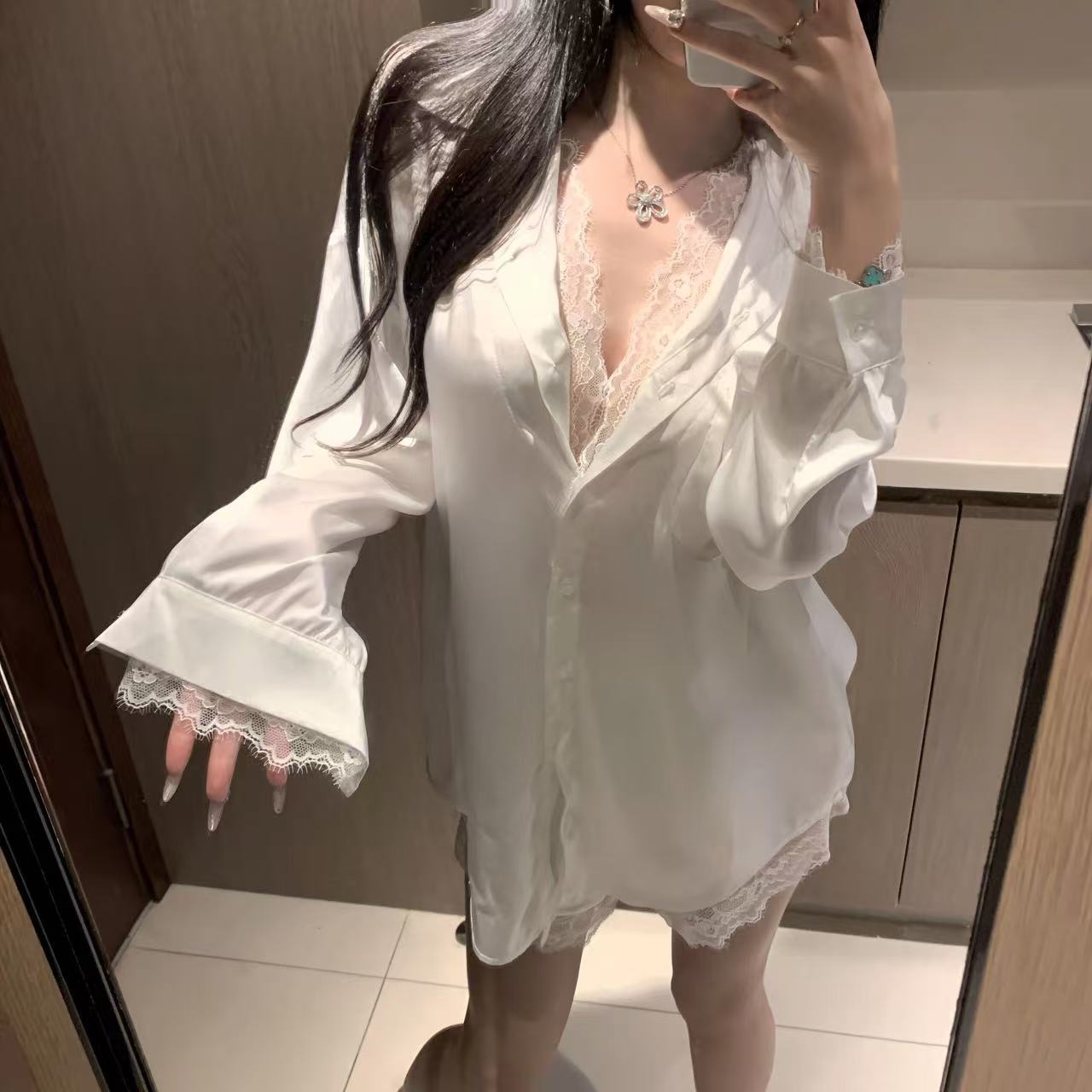 隐衫之欲*男友风性感蕾丝纯欲长袖宽松白衬衫高级感睡衣家居套装