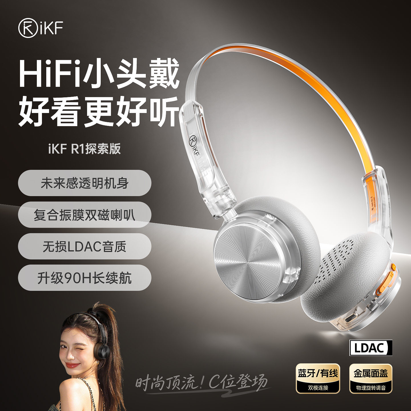 iKF R1探索版复古头戴式耳机蓝牙无线男女生时尚穿搭降噪运动小头