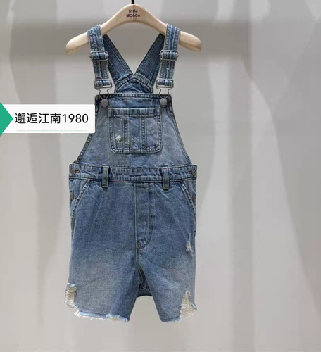 little moco童装25夏新款女童纯棉牛仔背带裤破洞短裤KBE2JPS002
