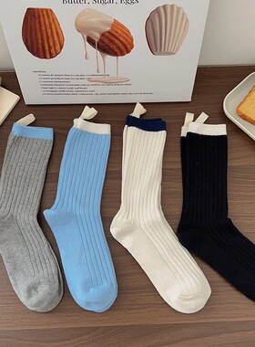 ins新品天蓝色布标袜子竖纹拼色堆堆袜甜美简约长筒袜飘带女潮袜