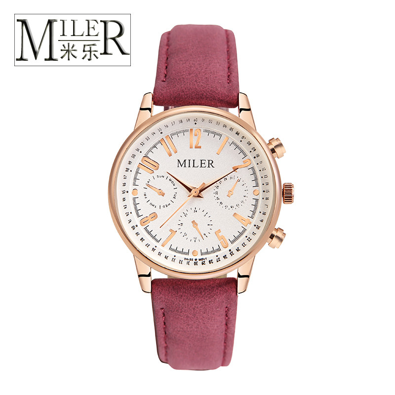 miler正品时尚潮流女士手表学生情侣表玫瑰金三针装饰石英腕表