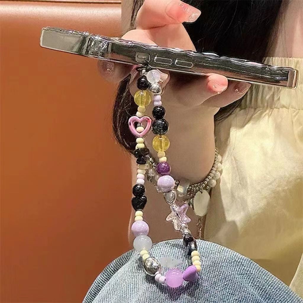 ins风复古甜酷辣妹紫色爱心星星串珠手机链相机拍立得手腕式挂绳