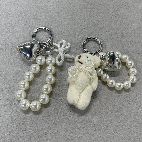 ins韩系少女奶白小熊珍珠挂链手机壳通用挂件手机链可爱新款链条