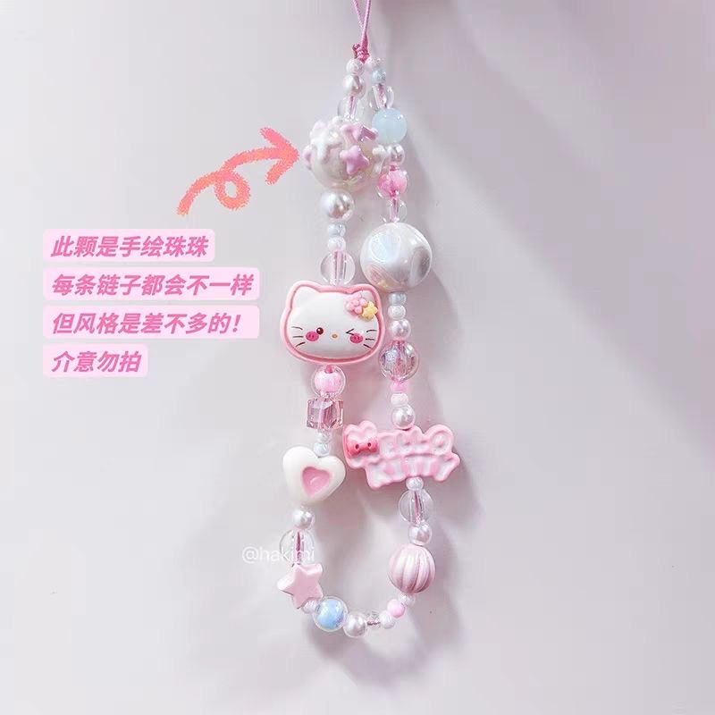 原创串珠KITTY猫粉色卡通手绘可爱手机链ccd防丢相机绳挂链装饰