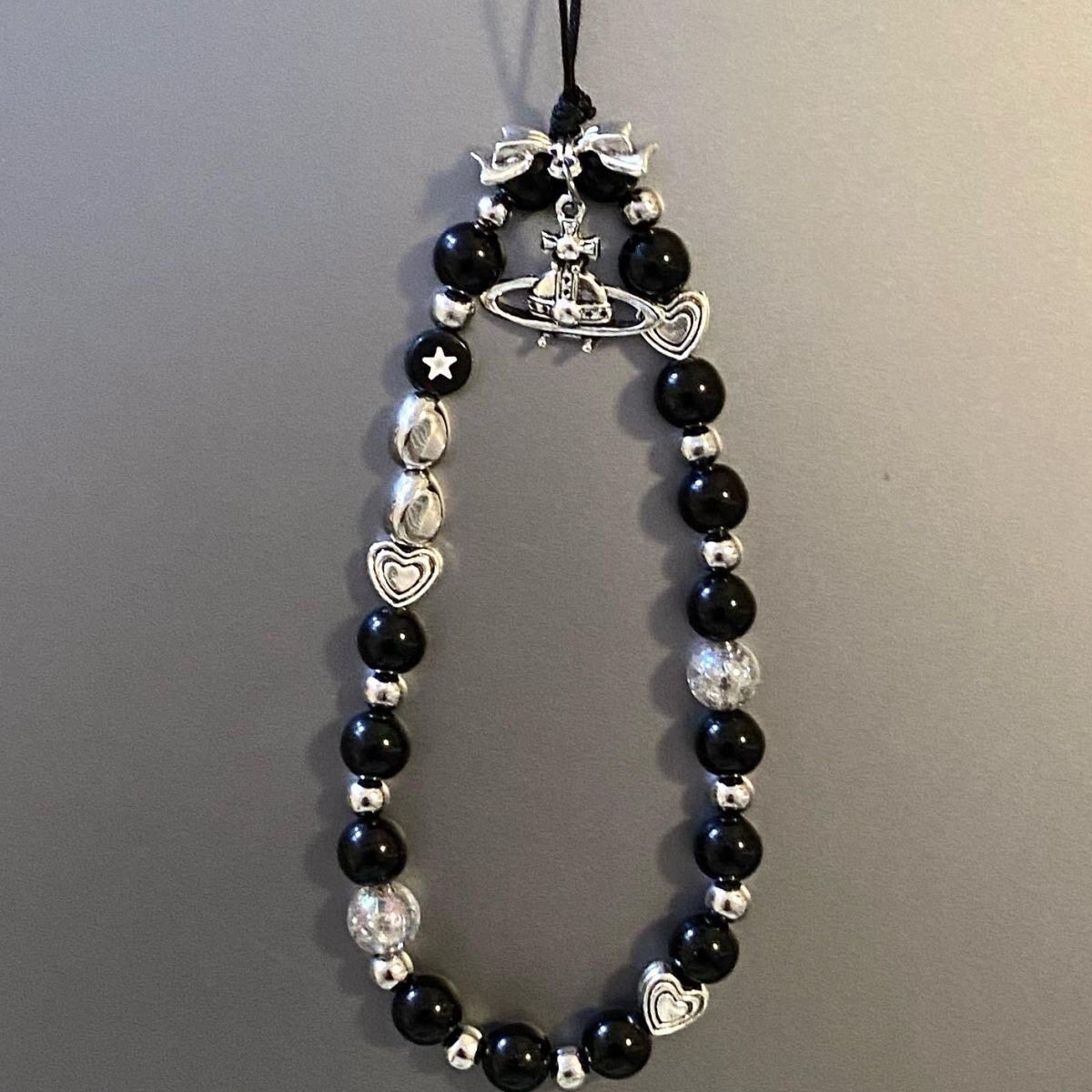 原创设计黑色土星西太后串珠ccd手机链挂饰品手机壳配饰挂绳子潮