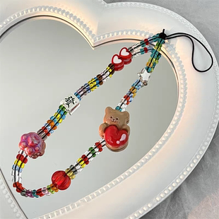 童趣手工串珠手机链爱心小熊手机壳挂件可爱手机ccd相机挂绳防摔