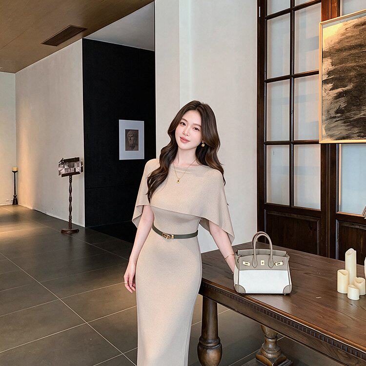 秋季优雅风假两件斗篷收腰修身针织连衣裙女秋季包臀长裙气质
