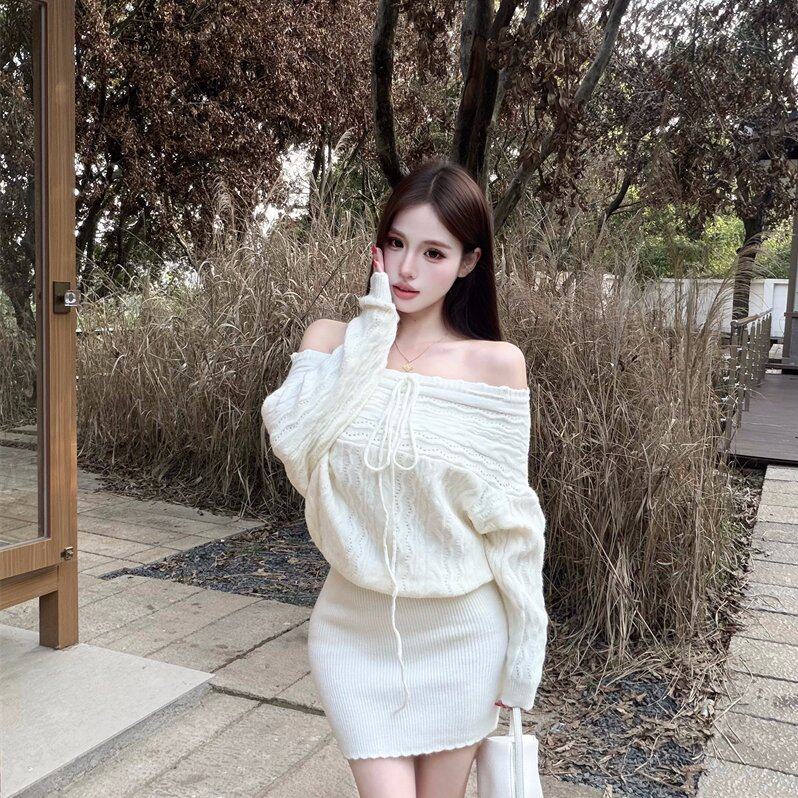 秋款抽绳绑蝴蝶结带两穿斜肩百搭套头连衣裙女装