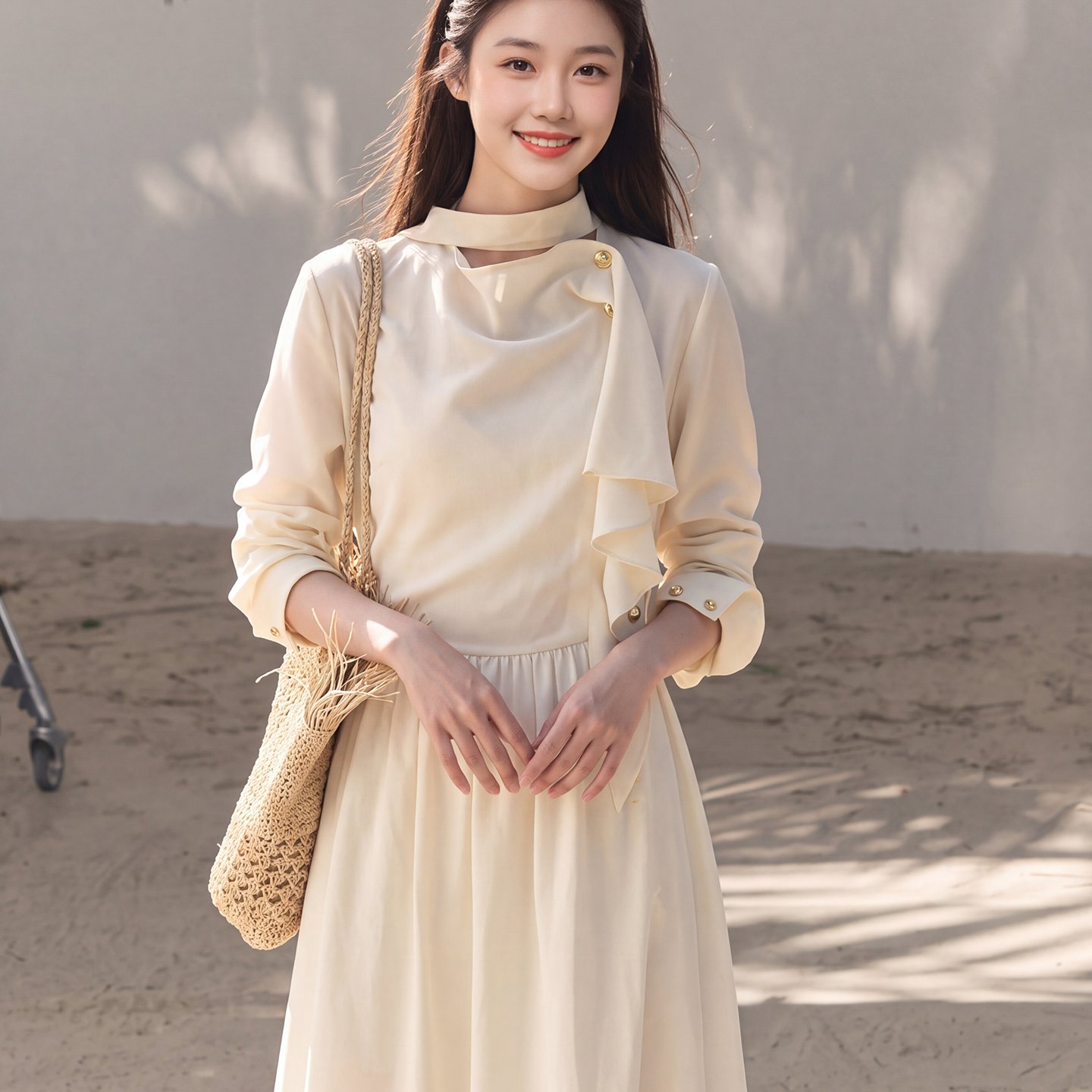 2026秋季新款莱赛尔荡领飘带长袖收腰连衣裙女春掐腰长裙