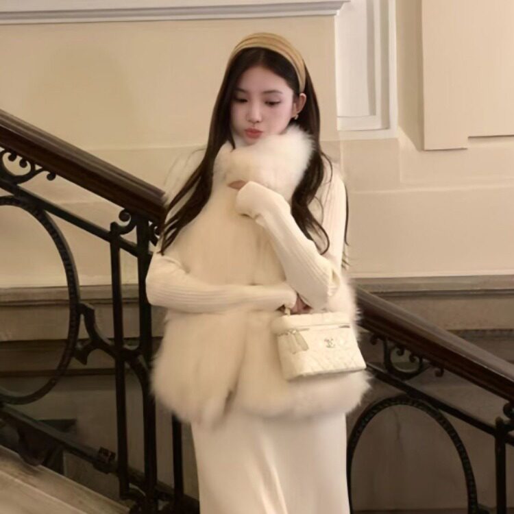 古早白月光 环保狐狸毛皮草马甲立领短款富家千金外套女秋冬新款
