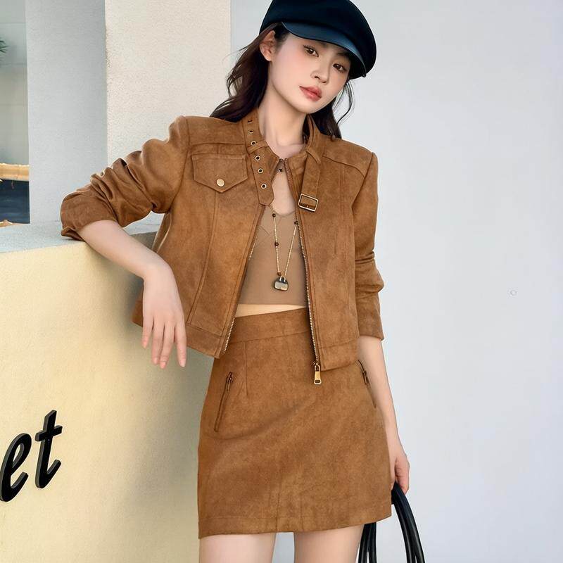 美拉德麂皮绒套裙女秋冬2026新款小个子短款外套+包臀短裙两件套