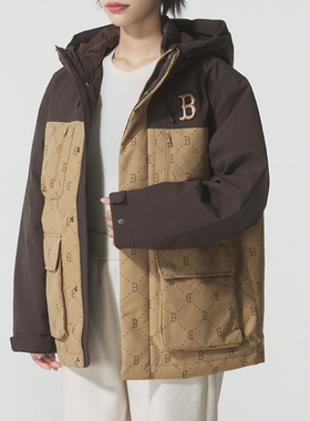 正品MLB简约拼接百搭保暖男女运动休闲连帽羽绒服外套3ADJM0746