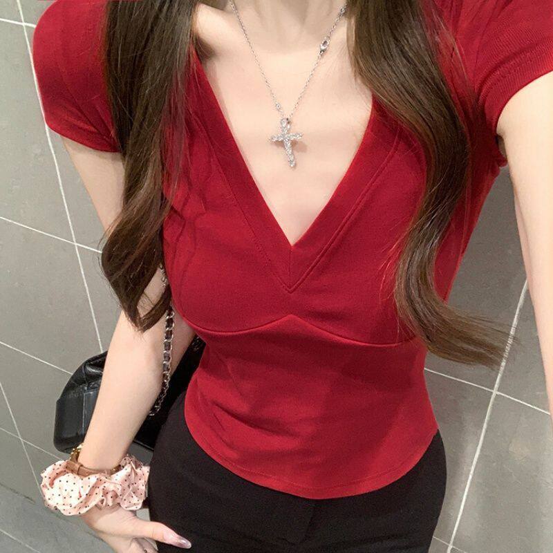 【人棉260克 好品质】别致分割拼接V领短袖T恤女夏正肩短款上衣