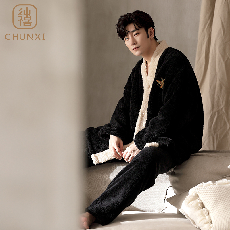 男士珊瑚绒新款加厚保暖冬天睡衣