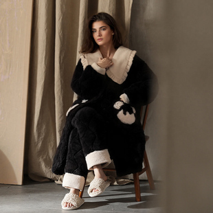 特厚三层夹棉睡衣女士冬大码中长款睡袍单件带裤子超厚棉袄可外穿