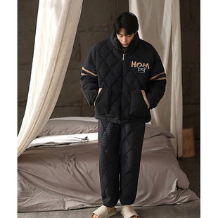 夹棉珊瑚绒睡衣男冬季三层保暖加厚爸爸家居服可外穿加肥加大省服