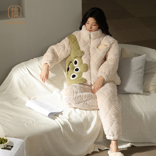 胖mm家居服2025年新款 冬季 三层夹棉珊瑚绒睡衣女加厚加绒立领大码