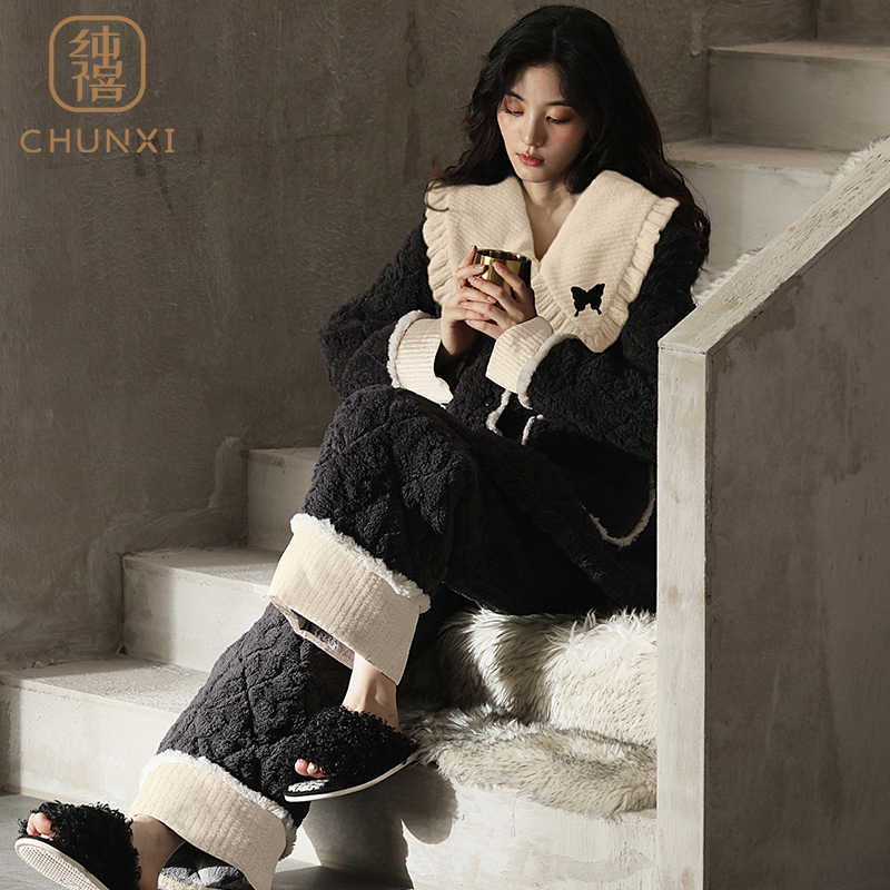 夹棉睡衣女冬季三层加厚保暖套装