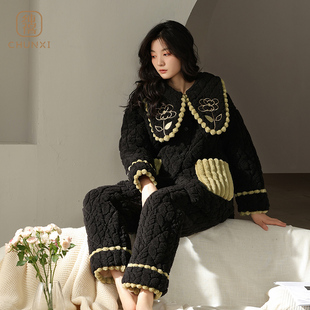 冬季睡衣女三层夹棉加绒加厚家居服黑色高级感大码妈妈胖mm可外穿