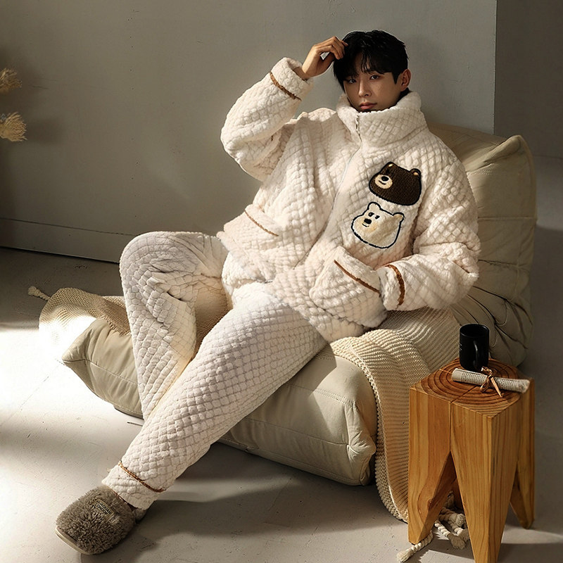 卡通三层夹棉睡衣男士冬季拉链立领加肥加大可外穿加厚加绒套装