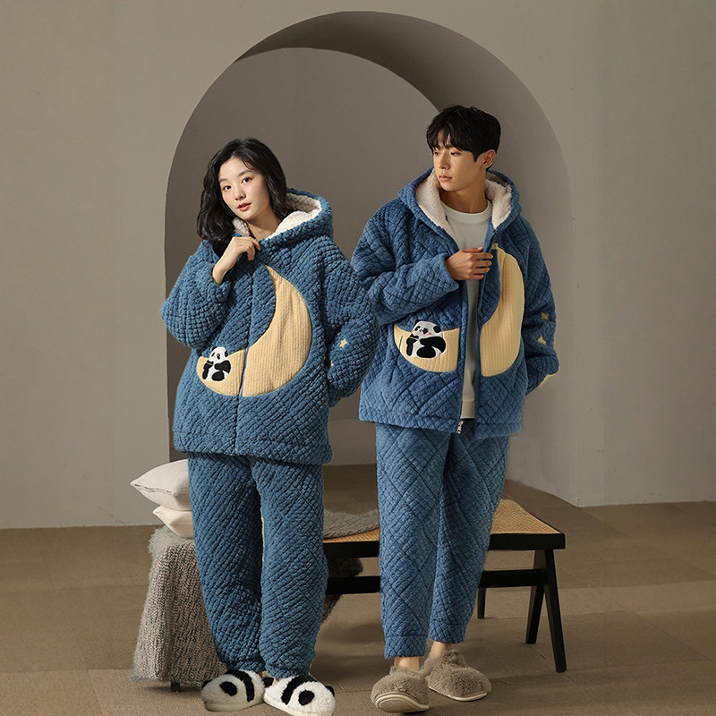 卡通蓝色情侣三层夹棉睡衣冬季一男一女加厚加绒拉链可外穿家居服