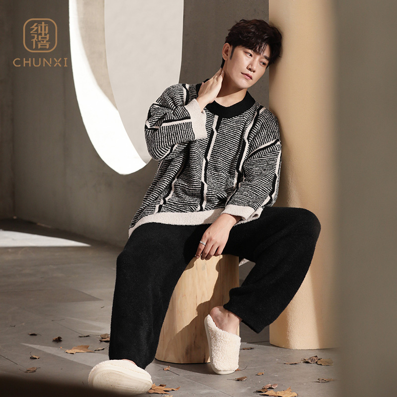 半边绒睡衣男士冬季加绒保暖套装