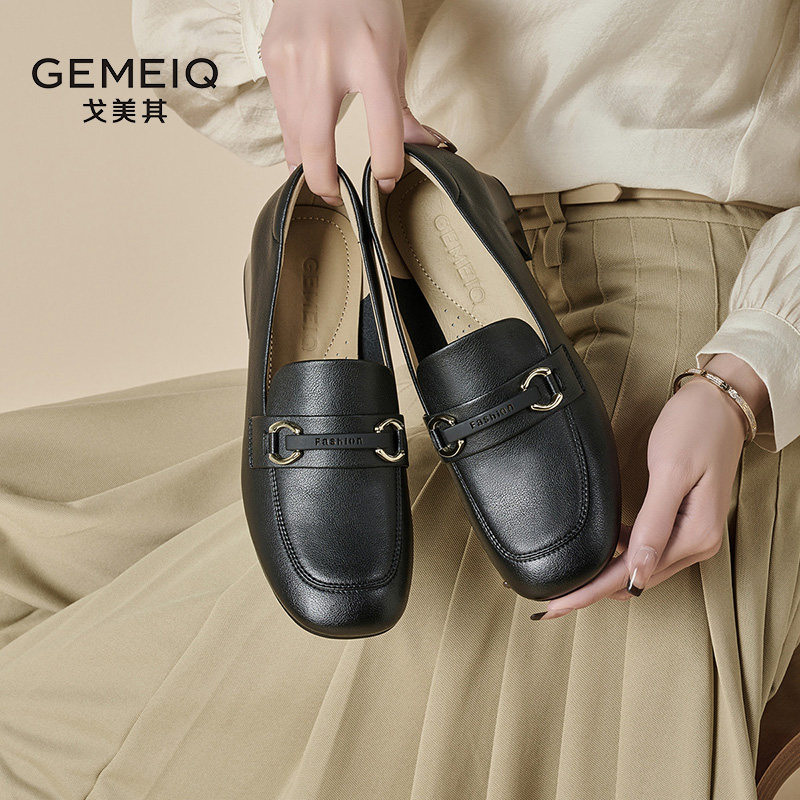 戈美其豆豆单鞋女春秋季新款女鞋粗跟乐福鞋小皮鞋薄款软皮工作鞋