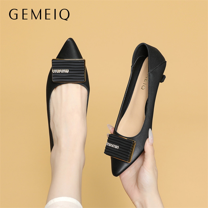 戈美其软皮细跟尖头单鞋低跟中跟黑色正装高跟鞋职业空姐工作鞋女