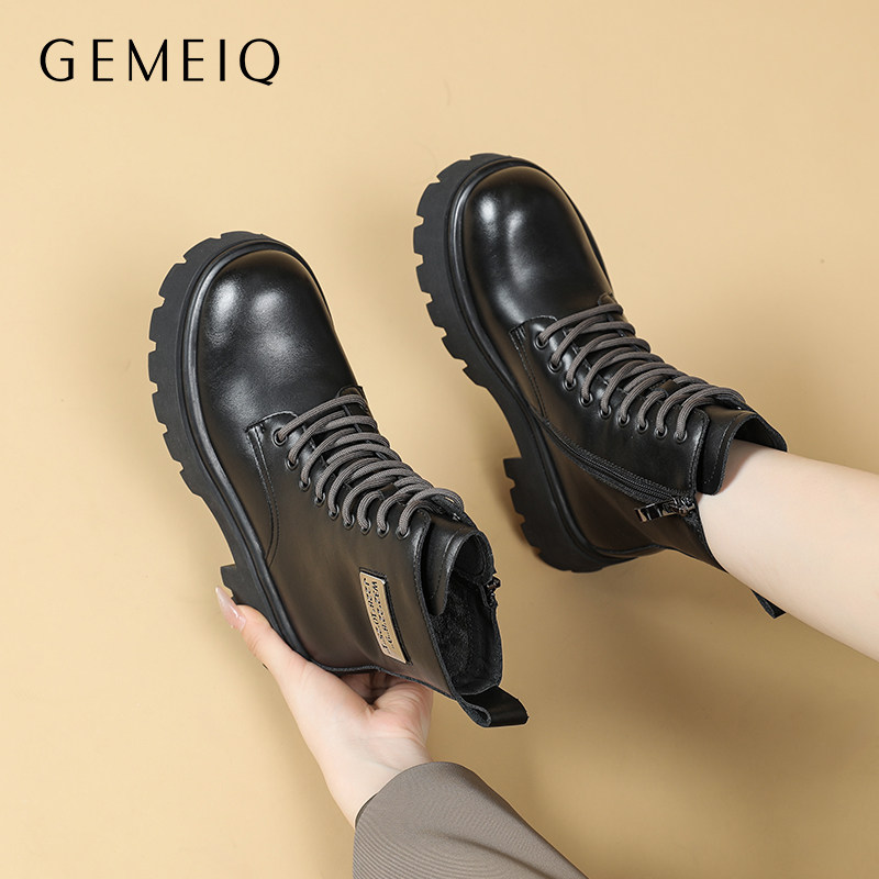 戈美其马丁靴女款薄款秋冬季真皮穿搭配裙子机车鞋厚底英伦风短靴