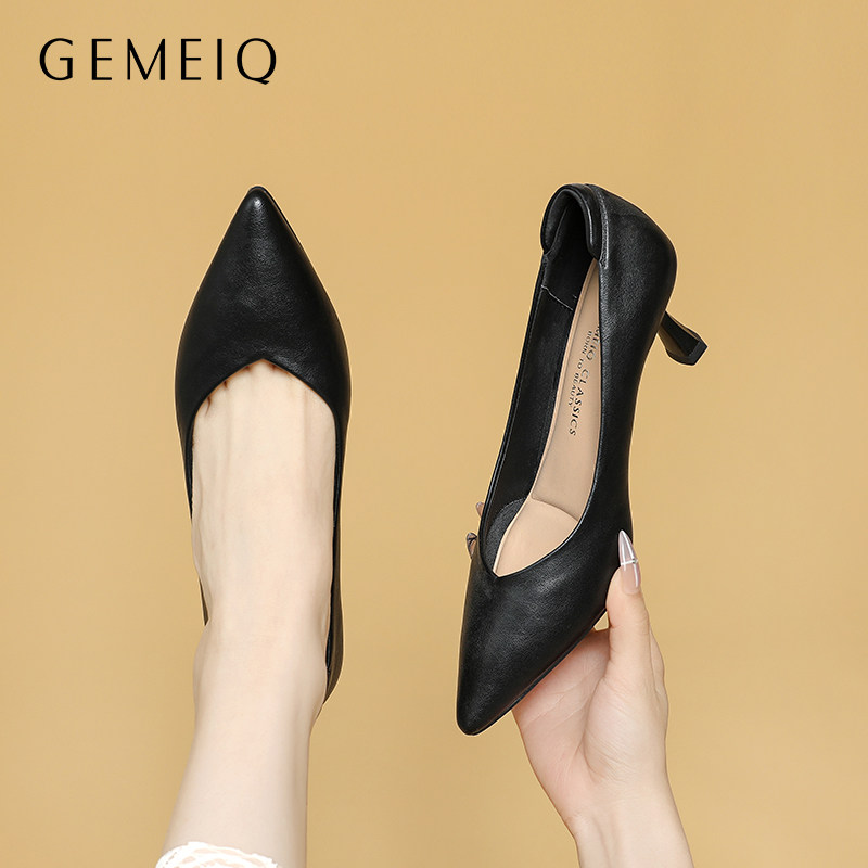 戈美其不累脚新款春夏高跟鞋女黑色职业舒适软皮通勤上班工作单鞋