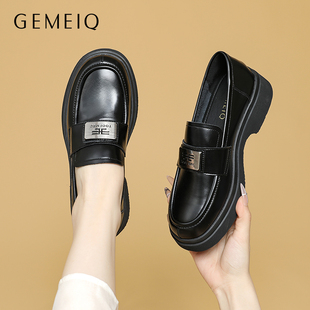 戈美其厚底乐福鞋女款夏季新款一脚蹬黑色豆豆单鞋圆头粗跟小皮鞋
