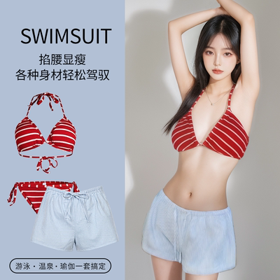 2025新款泳衣女红条纹分体性感比基尼罩衫纯欲高级感海边度假泳装