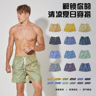海边游泳短裤 海边休闲直筒速干内衬款 桃皮绒碎花四分裤 成人沙滩裤