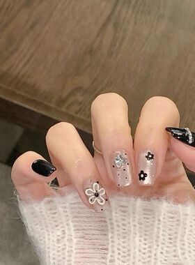 甜酷小花ins风高级感猫眼美甲夏日氛围感黑色美甲穿戴甲百搭可撕