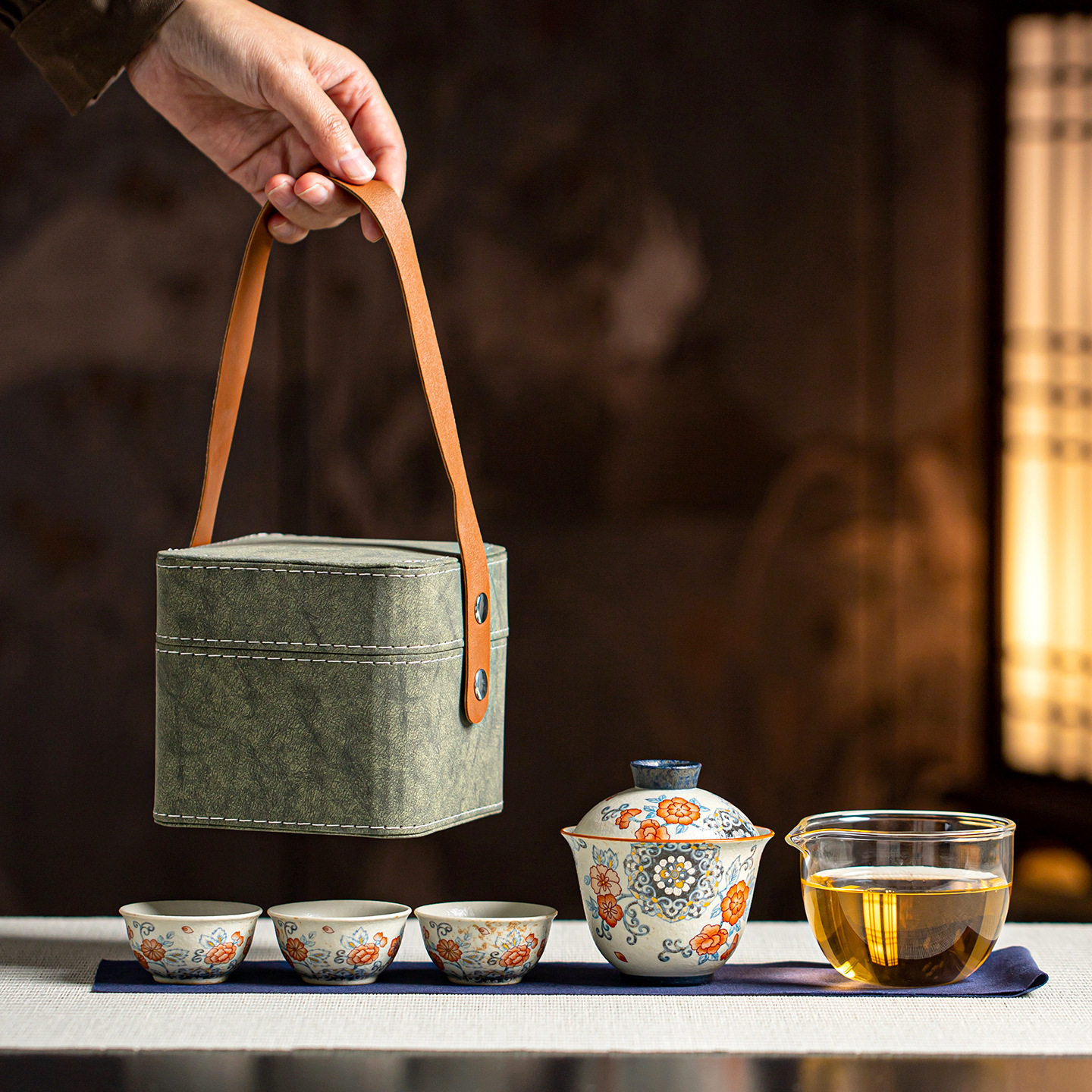 青花火石红旅行茶具套装随身便携式快客杯陶瓷一壶三杯手抓泡茶器