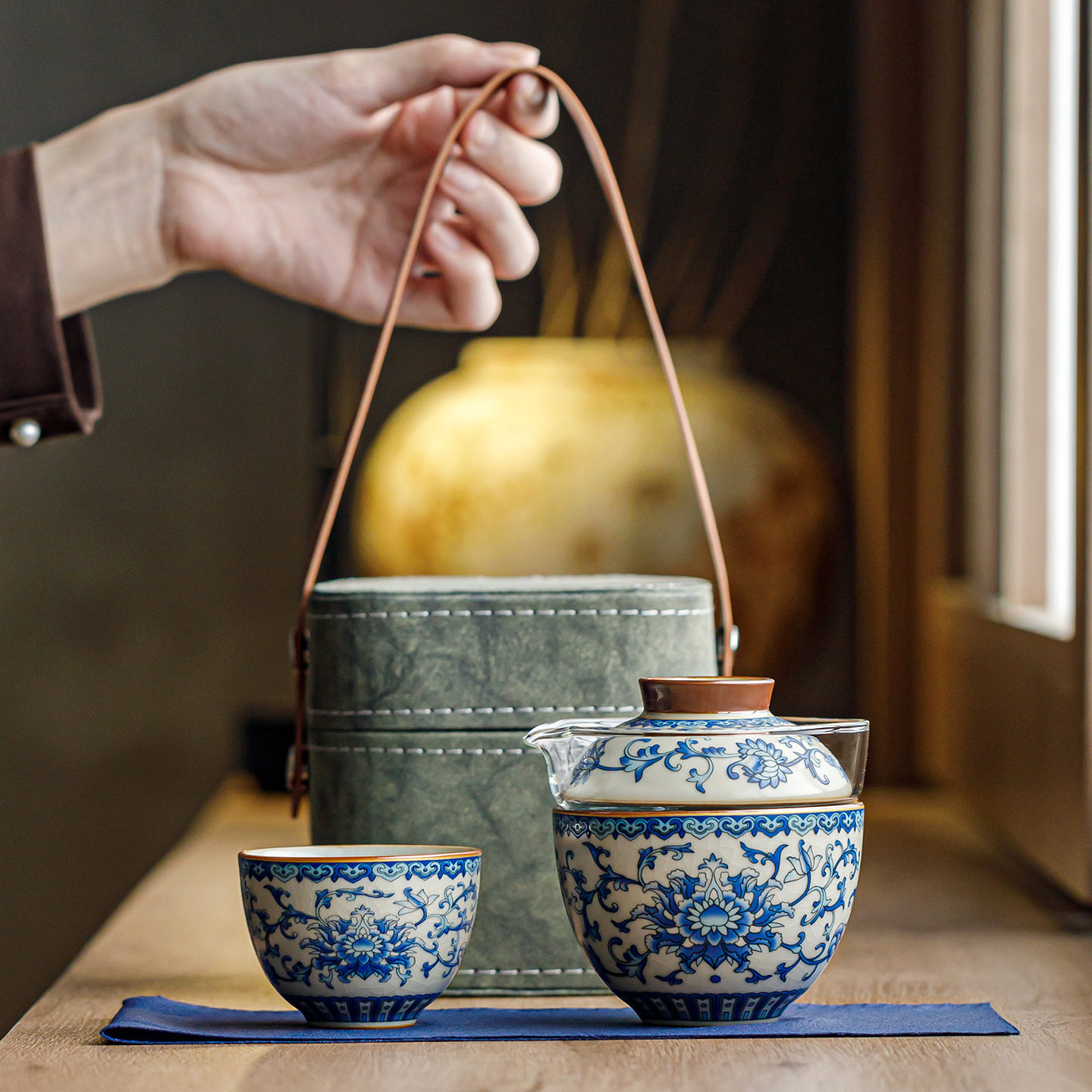 汝窑旅行茶具套装便携式一壶二杯快客杯露营随身个人手抓壶泡茶器